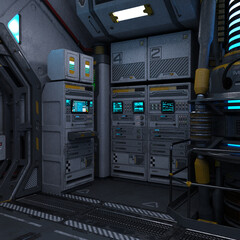 3D-illustration of a large corridor in a science fiction starship