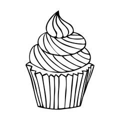 Vector illustration of muffin with cream in doodle style. Cute hand drawn cupcake. For greeting cards, posters, labels and designs recipes, food design, bakery, pastry shops, cafe.