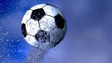 Naklejka premium Soccer Ball with Diamond Water Particles under Blue Sky Lighting Background. 3D illustration. 3D high quality rendering. 3D CG.