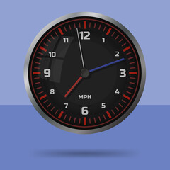 Car speedometer style black wall clock. Isolated monochromatic background. Vector illustration