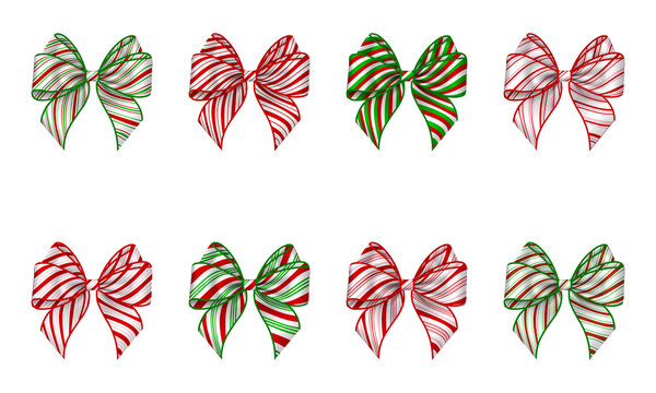 Set of isolated christmas bows with candy cane texture. striped bow for christmas decorations
