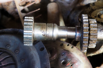 Gears, impaled on the shaft spline. Old friction shaft. Replacement spare part of the machine tool....