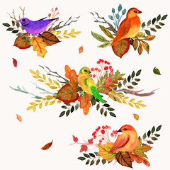autumn leaves fall birds watercolor arrangement