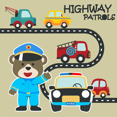 Cute bear police patrol on highway. Vector childish background for fabric textile, nursery wallpaper, card, poster and other decoration. Vector illustration.