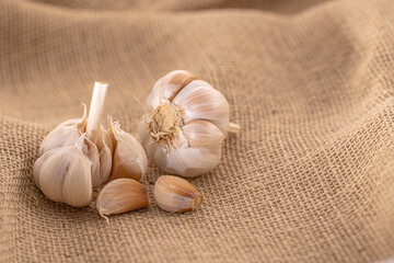garlic isolated on fabric background.