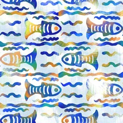 Batik fish tie dye wash background. Mottled underwater swimming fishes for beach swimwear. Fun summer trendy beach fashion print. Digital fluid watercolor effect. High resolution seamless pattern.