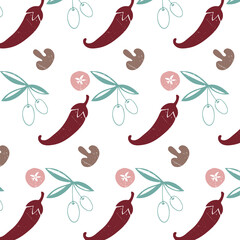 Vector pattern of pizza ingredients in retro style. Peppers, olives, mushrooms, tomatoes. Illustration. Hand drawing. Red on a white background. Scuff texture.