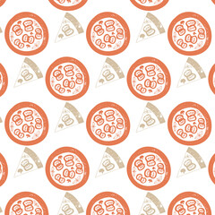 Vector pattern of a whole pizza and its slice in a retro style. Peppers, olives, mushrooms, tomatoes. Illustration. Hand drawing. Orange on a white background. Scuff texture