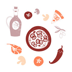 Vector set of pizza ingredients in retro style. Peppers, olives, mushrooms, tomatoes, shrimp, olive oil. Illustration. Hand drawing. Red and orange on a white background. Scuff texture