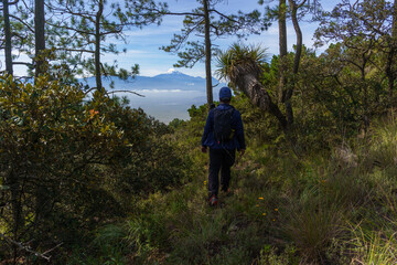 Fototapeta premium Man traveling with backpack hiking in mountains Travel