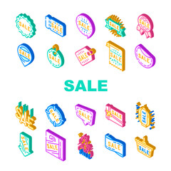 Summer Sale And Season Discount Icons Set Vector. Summer Sale Banner And Ribbon, Quote Frame And Present Gift Coupon Label And Trinket, Lighting Lantern Ceiling Lamp Isometric Sign Color Illustrations