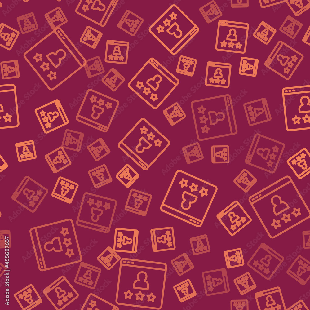 Poster brown line consumer or customer product rating icon isolated seamless pattern on red background. vec