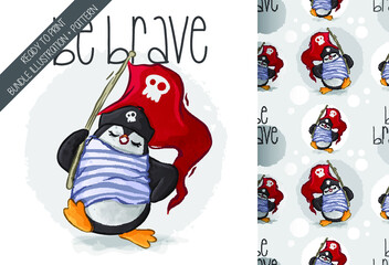 Cute animal baby penguin pirates seamless pattern: can be used for cards, invitations, baby shower, posters; with white isolated background
