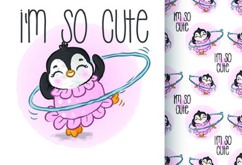 Cute animal baby penguin happy dancing seamless pattern: can be used for cards, invitations, baby shower, posters; with white isolated background
