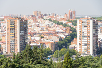 Fototapeta na wymiar View of two tall buildings in the city of Madrid