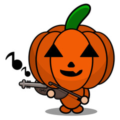 cute halloween mascot pumpkin cartoon character vector illustration playing the violin
