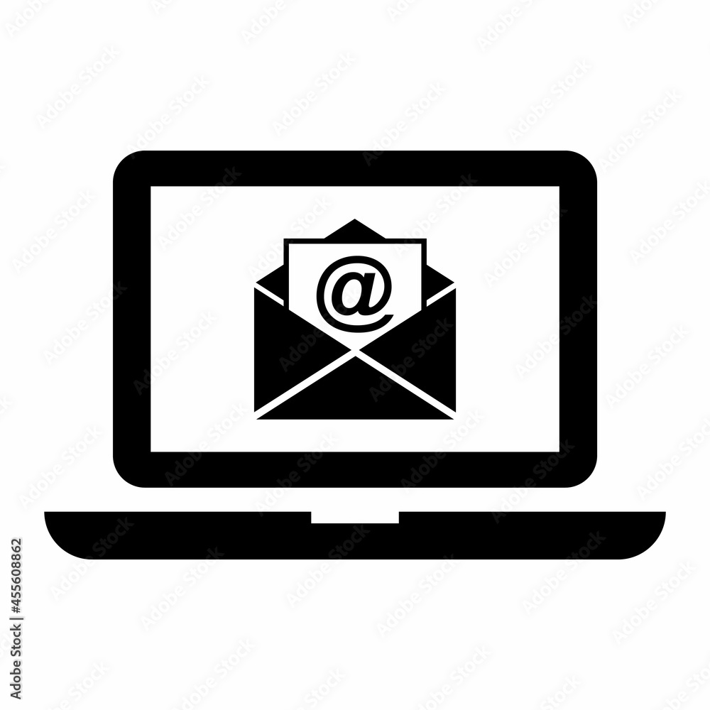 Poster laptop open email icon. message emblem. information background. computer technology. vector illustra