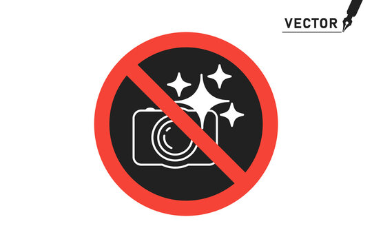 The ban on photo-fixing, flash, video shooting is prohibited. Stop photos and videos, paparazzi. Vector red forbidding sign. Icon. A sticker.