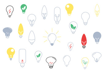 Żarówka - kolekcja kolorowych ikon do projektów. Kontury żarówek. Wieloznaczny symbol: idea, rozwiązanie, pomysł, radzenie sobie z problemem, geniusz, ekologiczna energia. Koncept lampy, światła..