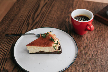 Homemade Basque Cheesecake. Healthy organic summer dessert pie cheesecake. New York–style cheesecake with a press-in cookie crust.