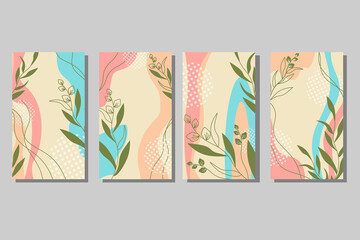 A set of cards with abstract spots and plants. Pastel colors. Vector illustrations for use in designs, covers, flyers, invitations and greetings.