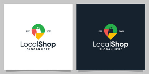 Map pin location symbol with logo a shopping bag and business card design.