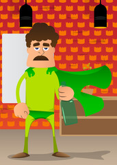 Funny cartoon man dressed as a superhero holding a bottle. Vector illustration.