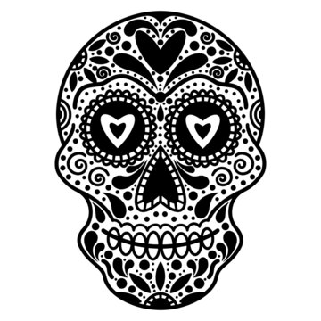 White sugar skull with abstract ornament. Hand drawn vector icon isolated on white background. Monochrome illustration for the Mexican Day of the Dead El Dia de Muertos. Sketch of a tattoo.