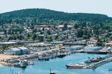 overhead view of a marina in the bay with town in the background.