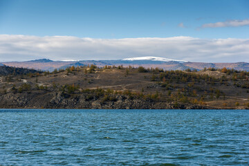 View of Small Sea Strait on Lake Baikal on autumn day, Joy Bay