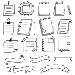 Notes, notebooks, ribbons in doodle style. Reminder paper sticker for pin notice, text. Vector illustration.