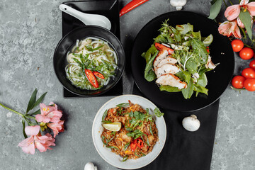 Three-course set menu for a nutritious healthy lunch in a restaurant, Three course set on a table in a business lunch, food set lunch
