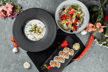 Three-course set menu for a nutritious healthy lunch in a restaurant, Three course set on a table in a business lunch, food set lunch