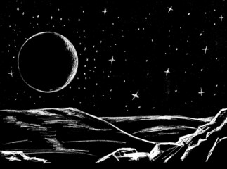 Obraz na płótnie Canvas Night sky landscape painted in white on a black background