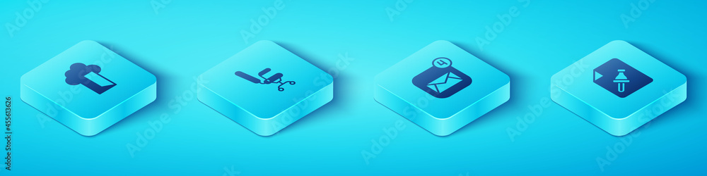 Aufkleber set isometric cloud database, office chair, note paper with push button and envelope icon. vector