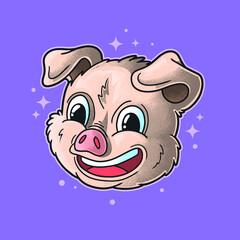 happy pig head illustration grunge style