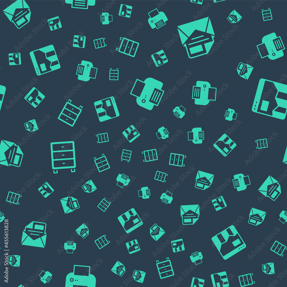 Poster set printer, mail and e-mail, archive papers drawer and graph chart infographic on seamless pattern.