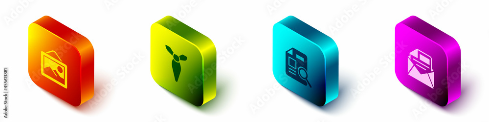Poster set isometric picture landscape, tie, document with graph chart and mail e-mail icon. vector