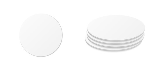 Circle beer coaster. Empty white mockup. Pprotection coaster for beer glasses, tea cups isolated on white background. Branding template vector illustration.