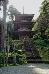 明通寺の階段の上の三重塔【日本の寺100選】／日本福井県小浜市