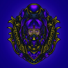 Fototapeta premium artwork illustration and t shirt design women cyberpunk with gas mask engraving ornament