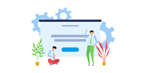 Vector illustration of the office concept business people in the flat style. E-commerce and team work business concept. online courses, distance studying, self education, digital library. 