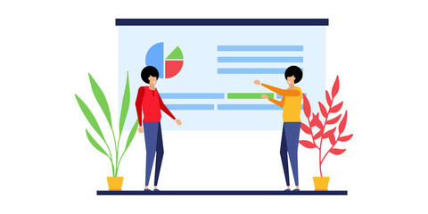 Vector illustration of the office concept business people in the flat style. E-commerce and team work business concept. online courses, distance studying, self education, digital library. 