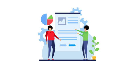 Vector illustration of the office concept business people in the flat style. E-commerce and team work business concept. online courses, distance studying, self education, digital library. 