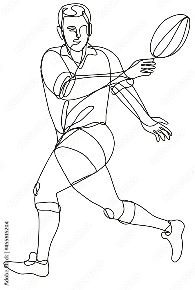 Poster continuous line drawing illustration of a rugby union player passing ball front view done in mono li