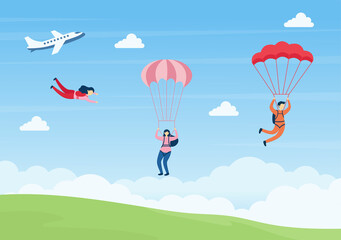 Skydive is a Type Sport of Outdoor Activity Recreation Using Parachute and High Jump in Sky Air. Cute Cartoon Background Vector Illustration