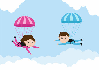 Skydive is a Type Sport of Outdoor Activity Recreation Using Parachute and High Jump in Sky Air. Cute Cartoon Background Vector Illustration