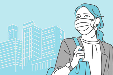 マスクを着けて都市部に出勤するビジネスパーソンの女性のイメージイラスト