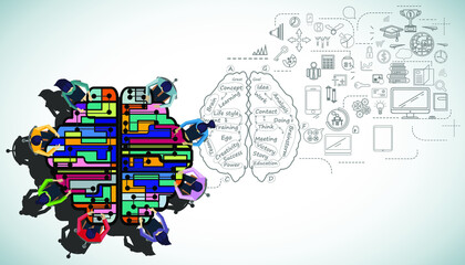 Obraz premium Businessman and woman brainstorm with brain,plan,think,search,analyze,communicate, futuristic idea innovation technology modern.vector