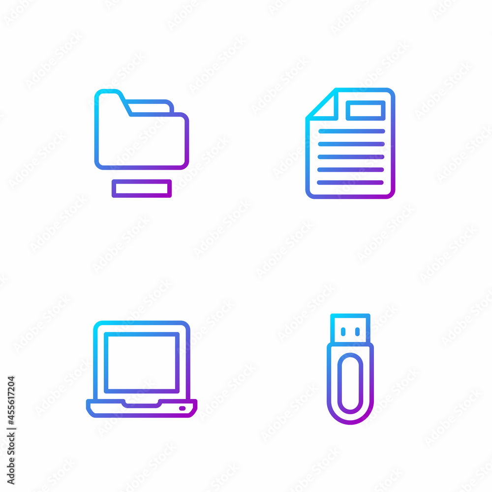 Poster set line usb flash drive, laptop, document folder and file document. gradient color icons. vector